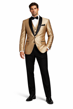 Mens 1 Button Shawl Lapel Vested Wedding | Prom Tuxedo in Gold Sharkskin - Mens Slim Fitted Tuxedo