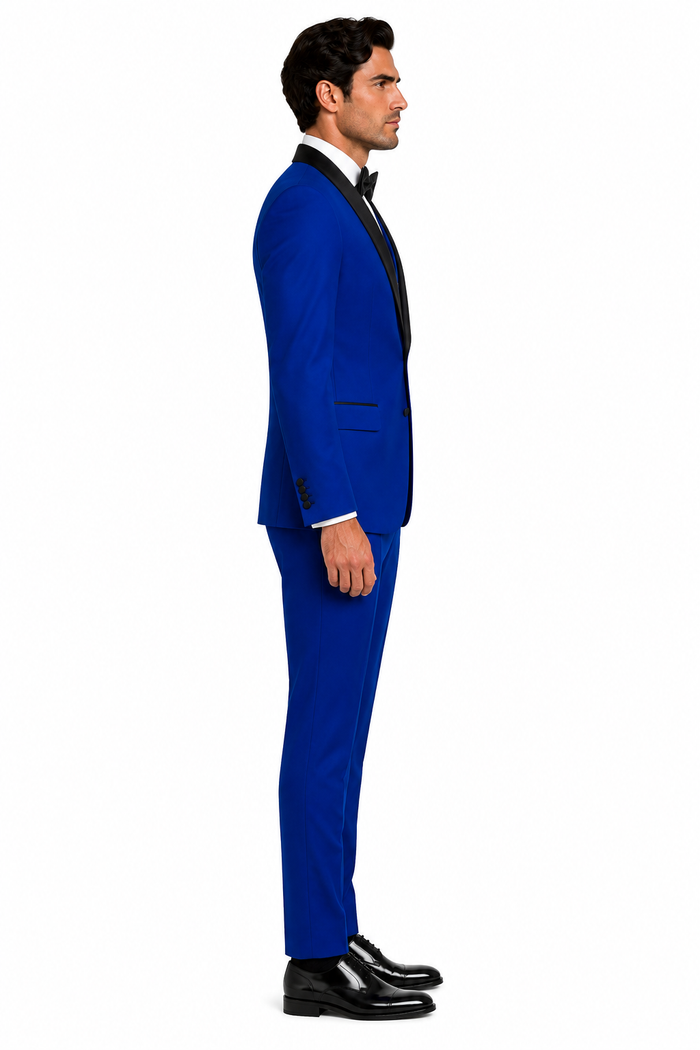 Men's 1 Button Shawl Lapel Vested Wool Wedding - Prom Tuxedo in Sapphire Blue - Men's Slim Fitted Tuxedo