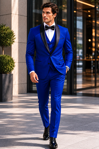 Men's 1 Button Shawl Lapel Vested Wool Wedding - Prom Tuxedo in Sapphire Blue - Men's Slim Fitted Tuxedo