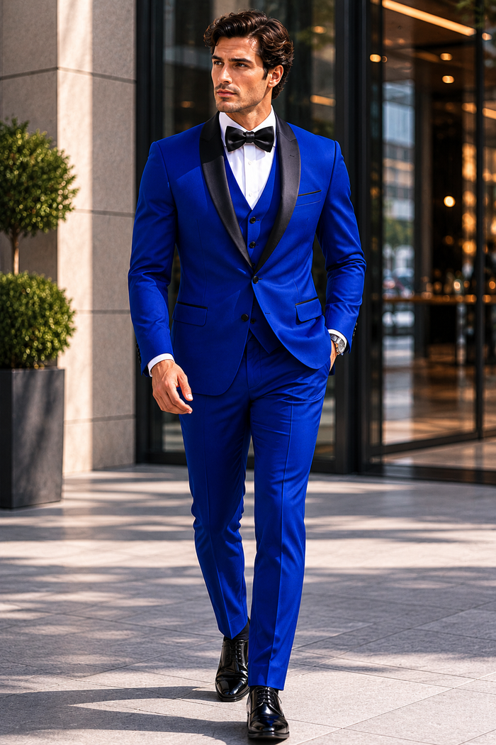 Men's 1 Button Shawl Lapel Vested Wool Wedding - Prom Tuxedo in Sapphire Blue - Men's Slim Fitted Tuxedo