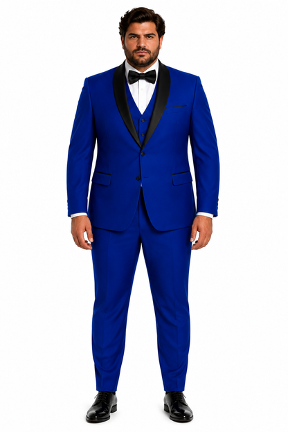 Men's 1 Button Shawl Lapel Vested Wool Wedding - Prom Tuxedo in Sapphire Blue - Men's Slim Fitted Tuxedo