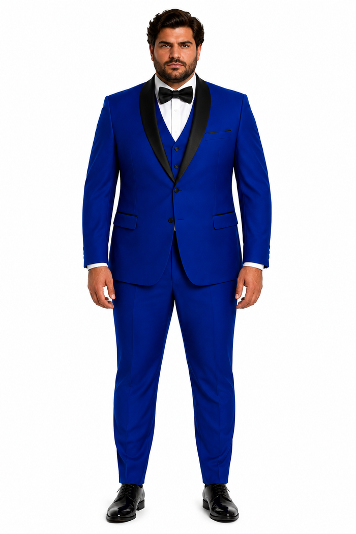 Men's 1 Button Shawl Lapel Vested Wool Wedding - Prom Tuxedo in Sapphire Blue - Men's Slim Fitted Tuxedo