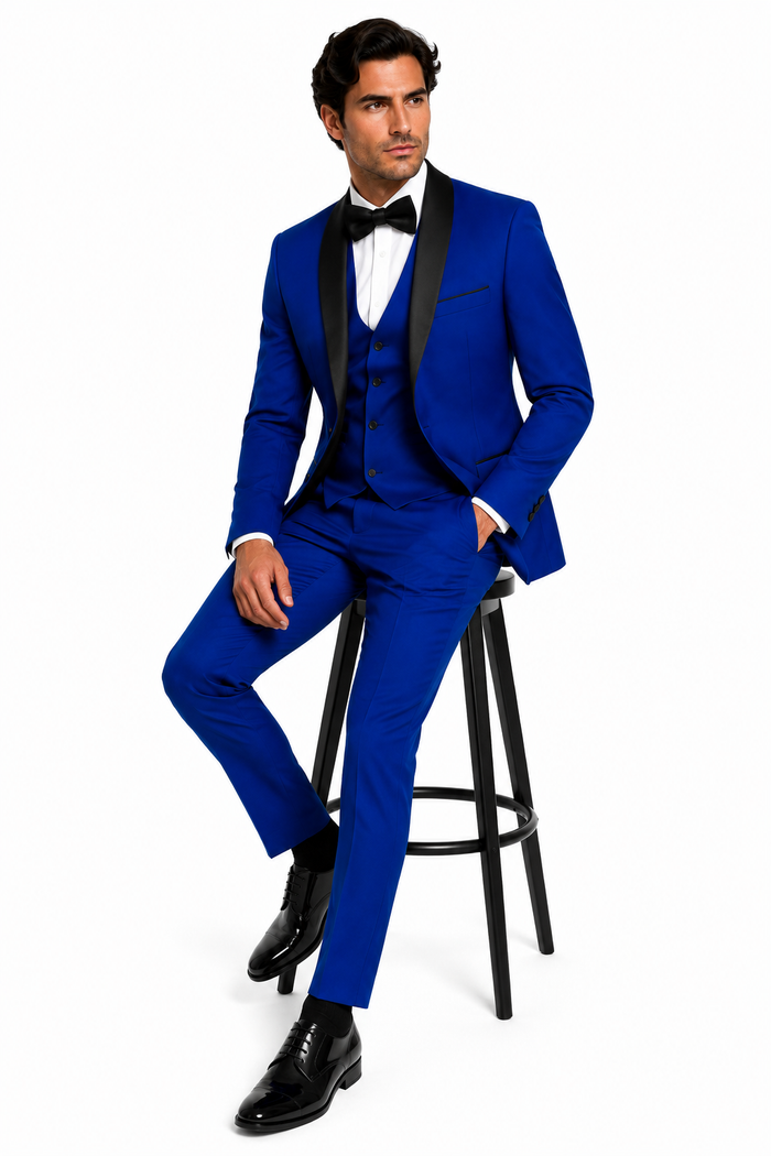 Men's 1 Button Shawl Lapel Vested Wool Wedding - Prom Tuxedo in Sapphire Blue - Men's Slim Fitted Tuxedo