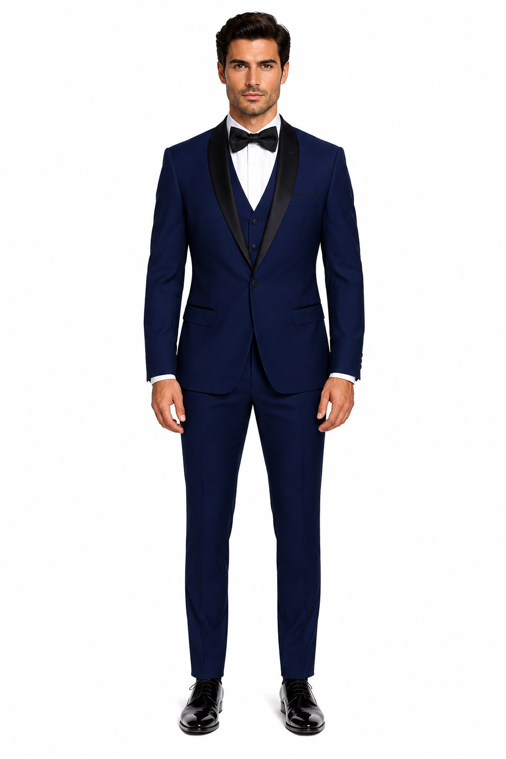 Men's 1 Button Shawl Lapel Vested Wool Wedding - Prom Tuxedo in Sapphire Blue - Men's Slim Fitted Tuxedo