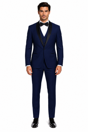 Men's 1 Button Shawl Lapel Vested Wool Wedding - Prom Tuxedo in Sapphire Blue - Men's Slim Fitted Tuxedo