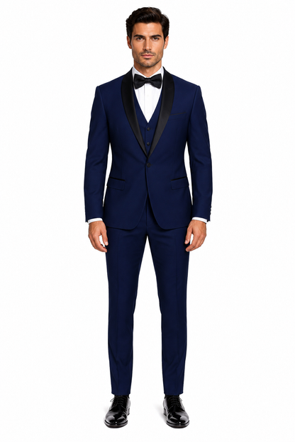 Men's 1 Button Shawl Lapel Vested Wool Wedding - Prom Tuxedo in Sapphire Blue - Men's Slim Fitted Tuxedo