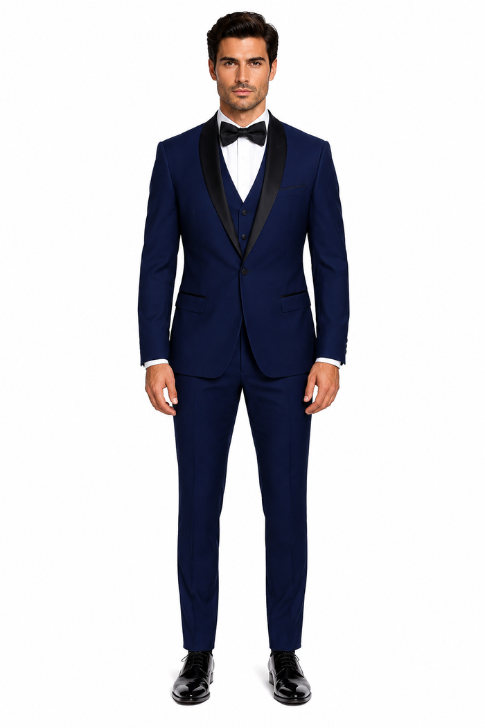 Men's 1 Button Shawl Lapel Vested Wool Wedding - Prom Tuxedo in Sapphire Blue - Men's Slim Fitted Tuxedo