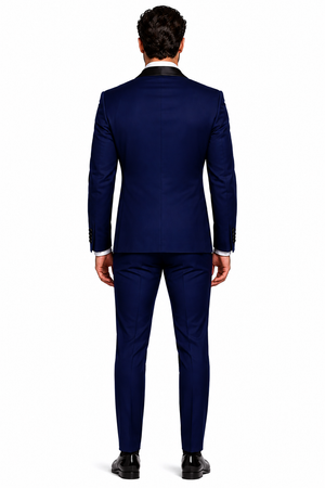Men's 1 Button Shawl Lapel Vested Wool Wedding - Prom Tuxedo in Sapphire Blue - Men's Slim Fitted Tuxedo