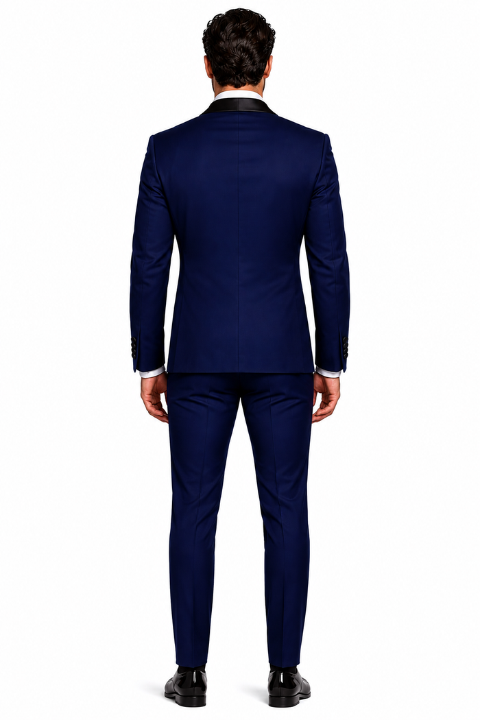 Men's 1 Button Shawl Lapel Vested Wool Wedding - Prom Tuxedo in Sapphire Blue - Men's Slim Fitted Tuxedo