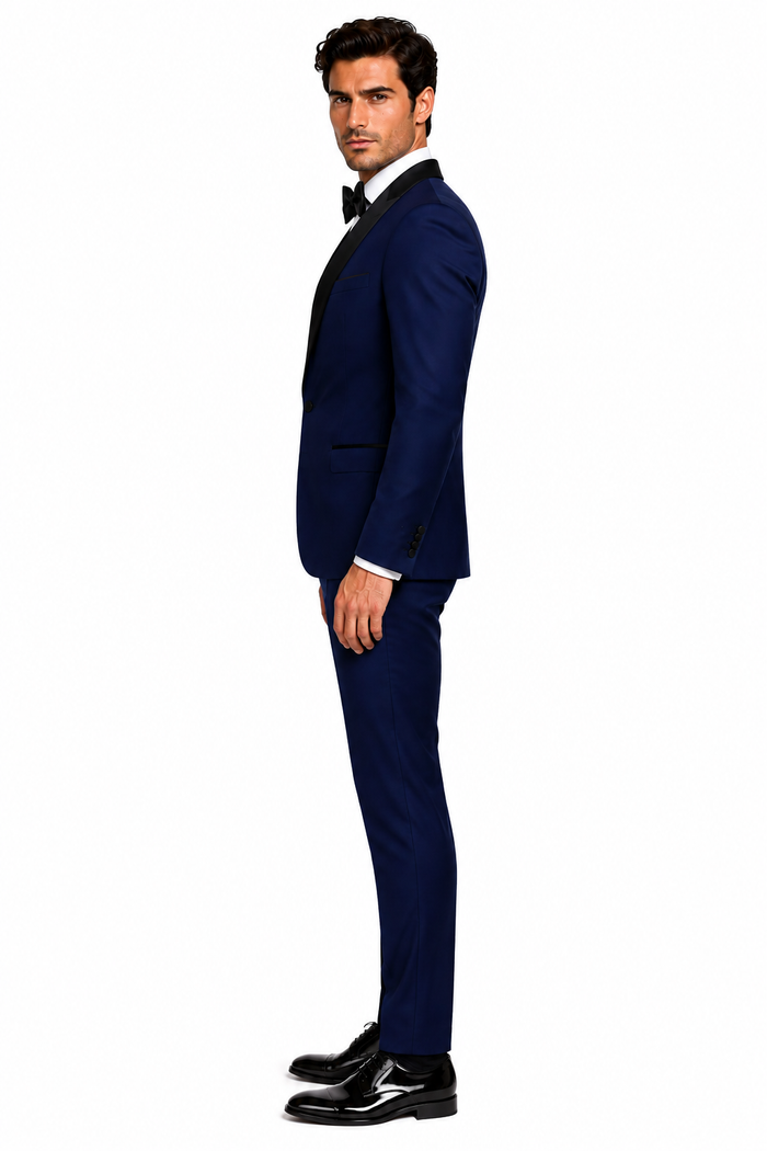 Men's 1 Button Shawl Lapel Vested Wool Wedding - Prom Tuxedo in Sapphire Blue - Men's Slim Fitted Tuxedo