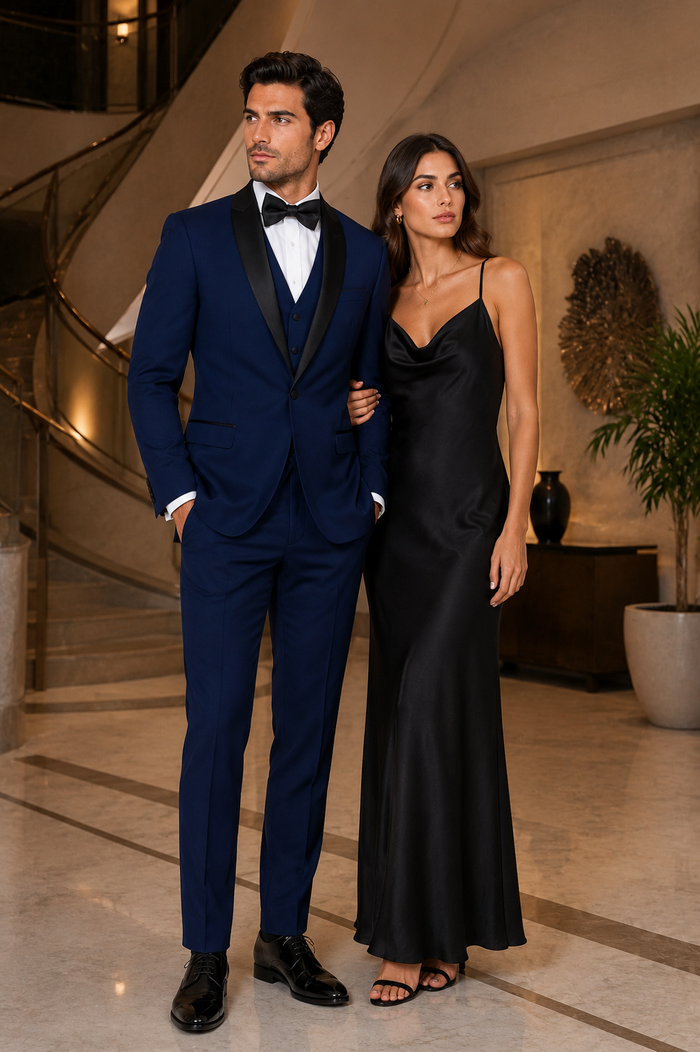 Men's 1 Button Shawl Lapel Vested Wool Wedding - Prom Tuxedo in Sapphire Blue - Men's Slim Fitted Tuxedo