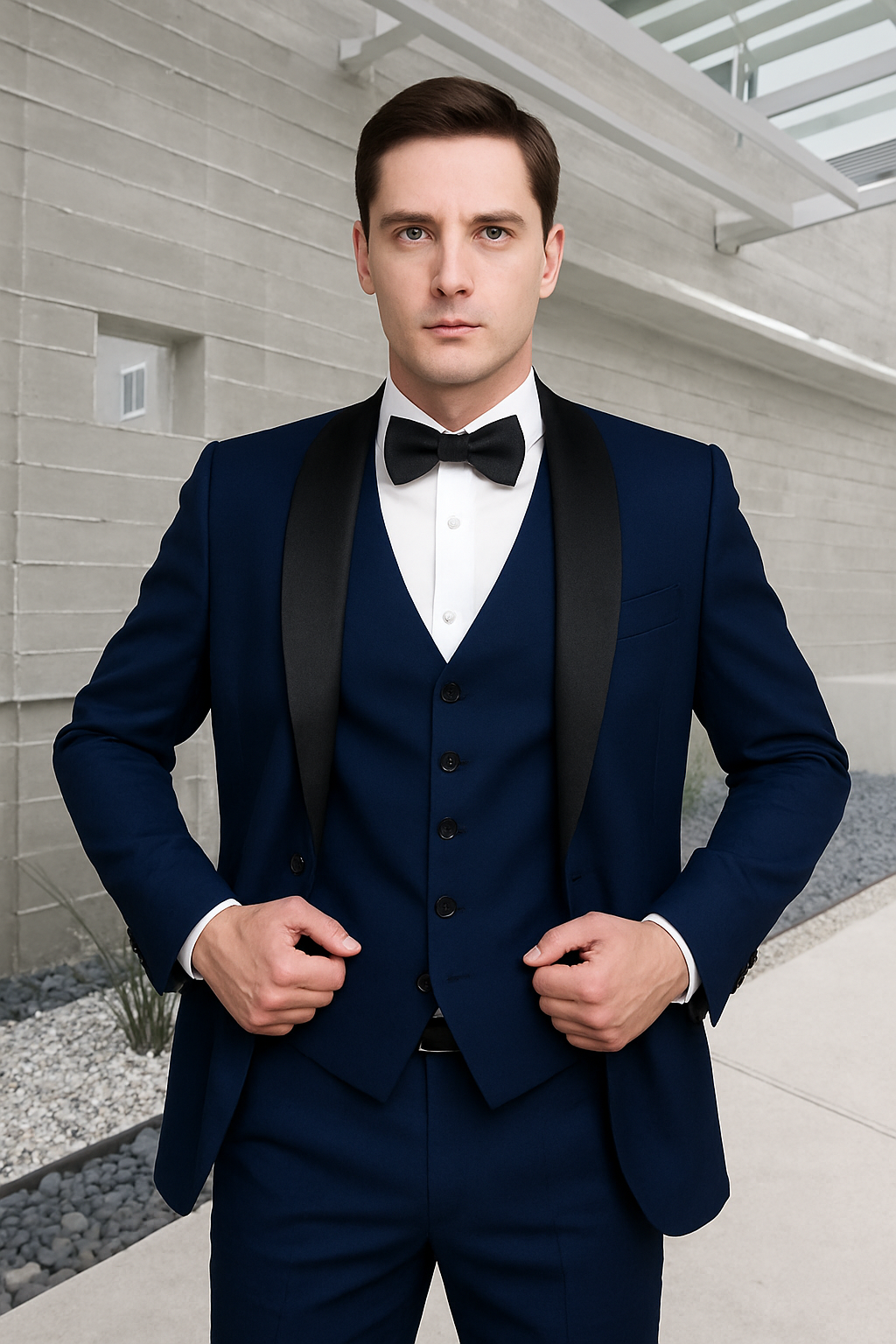Mens 1 Button Shawl Lapel Vested Wool Wedding - Prom Tuxedo in Sapphire Blue - Mens Slim Fitted Tuxedo