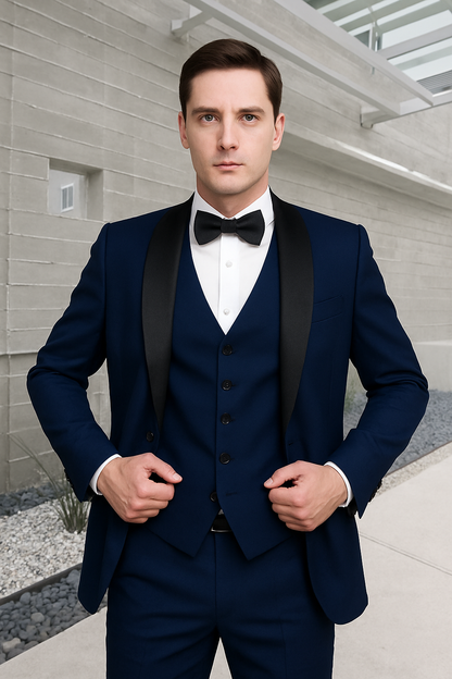 Mens 1 Button Shawl Lapel Vested Wool Wedding - Prom Tuxedo in Sapphire Blue - Mens Slim Fitted Tuxedo