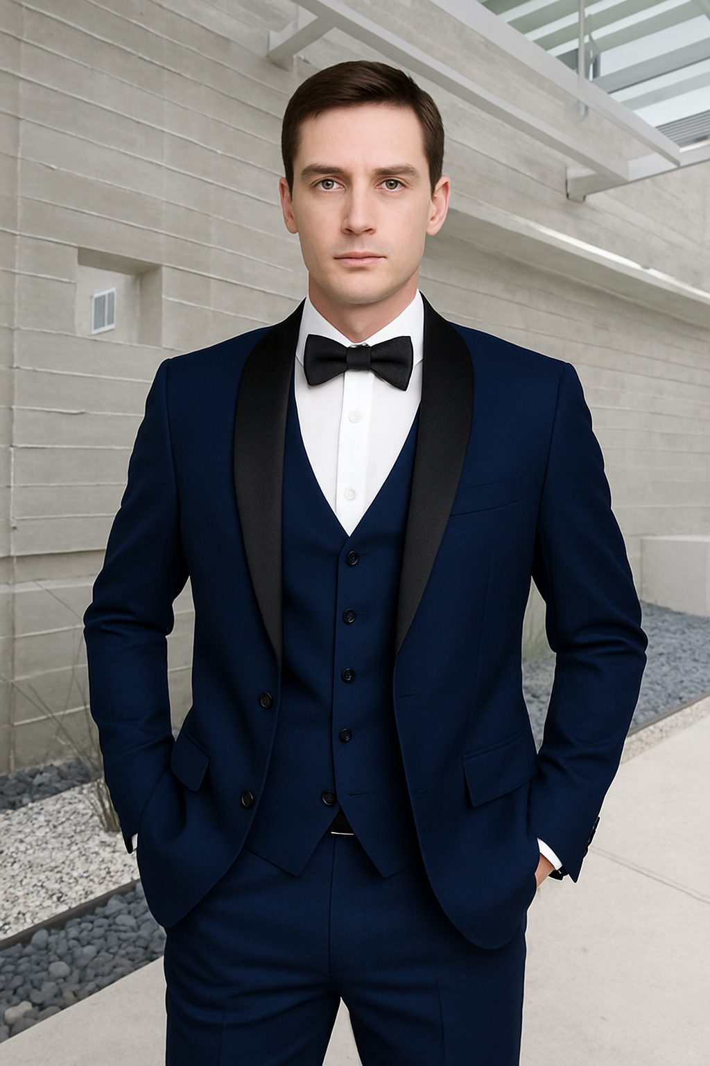 Mens 1 Button Shawl Lapel Vested Wool Wedding - Prom Tuxedo in Sapphire Blue - Mens Slim Fitted Tuxedo