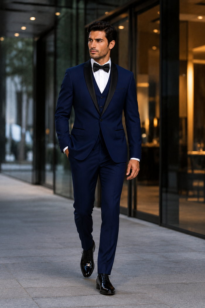Men's 1 Button Shawl Lapel Vested Wool Wedding - Prom Tuxedo in Sapphire Blue - Men's Slim Fitted Tuxedo