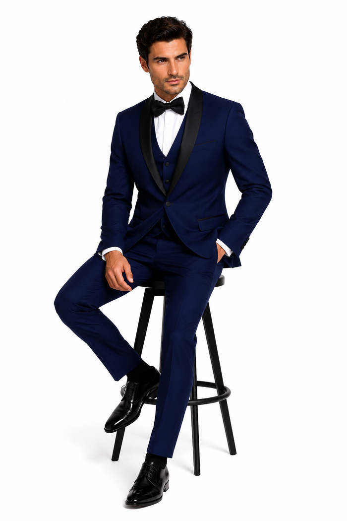 Men's 1 Button Shawl Lapel Vested Wool Wedding - Prom Tuxedo in Sapphire Blue - Men's Slim Fitted Tuxedo