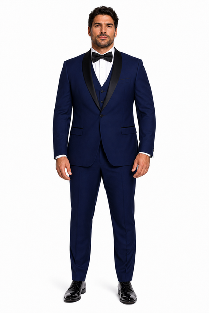 Men's 1 Button Shawl Lapel Vested Wool Wedding - Prom Tuxedo in Sapphire Blue - Men's Slim Fitted Tuxedo