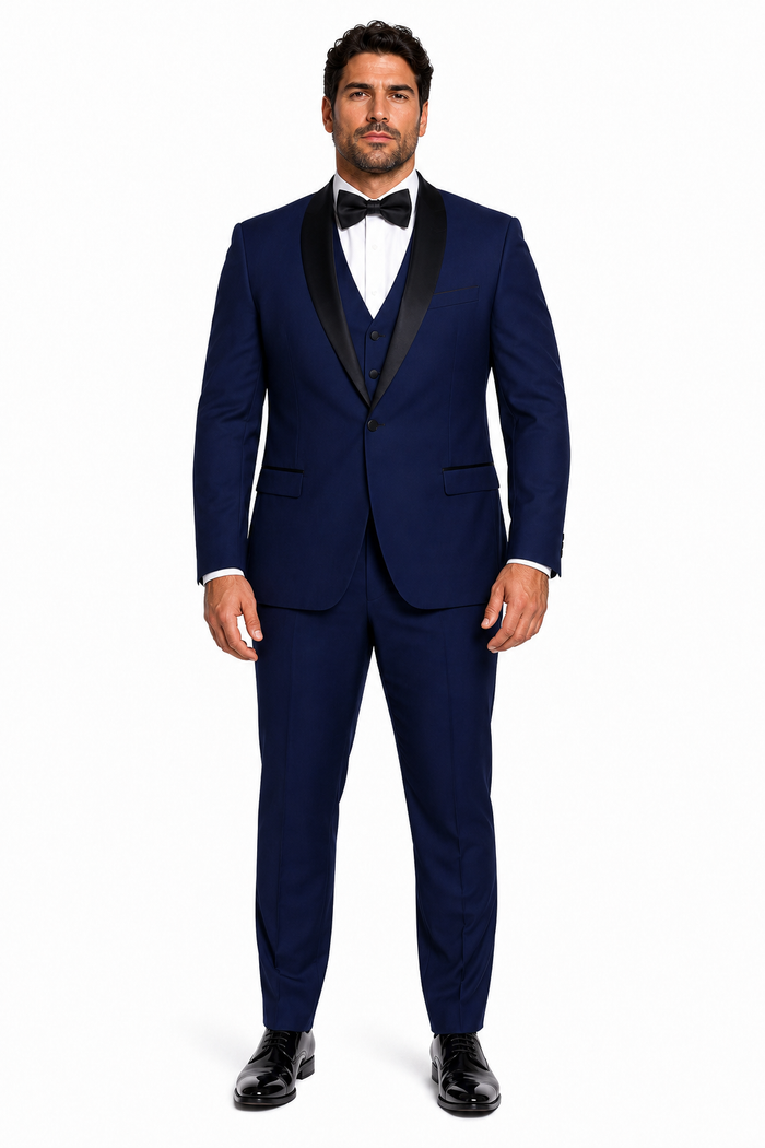Men's 1 Button Shawl Lapel Vested Wool Wedding - Prom Tuxedo in Sapphire Blue - Men's Slim Fitted Tuxedo