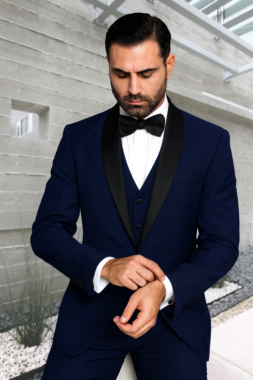 Mens 1 Button Shawl Lapel Vested Wool Wedding - Prom Tuxedo in Sapphire Blue - Mens Slim Fitted Tuxedo