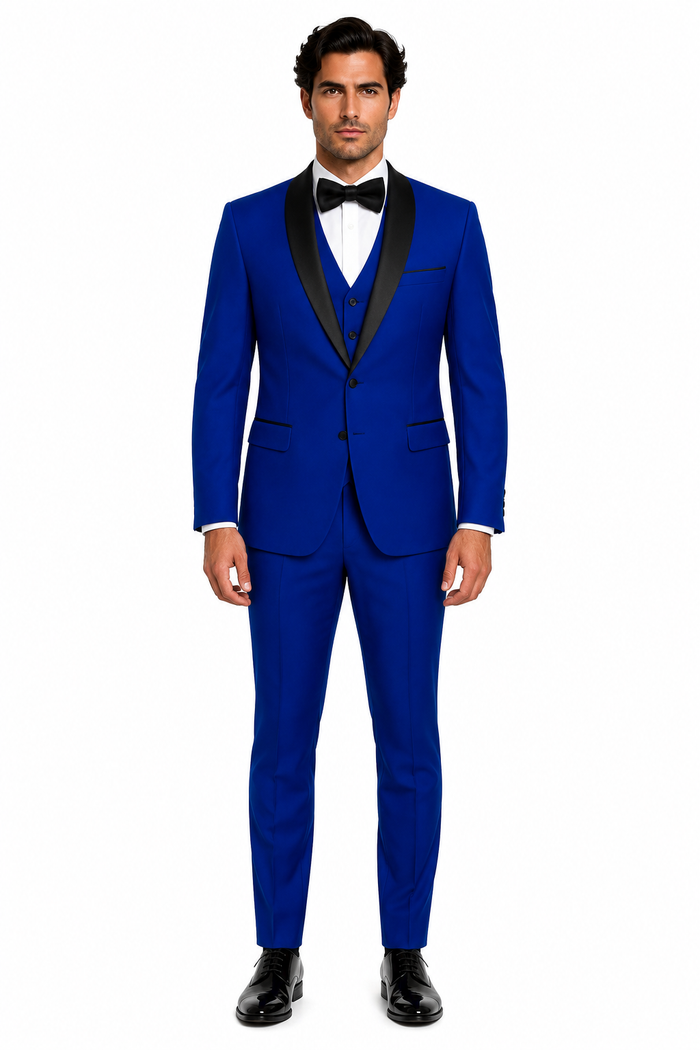 Men's 1 Button Shawl Lapel Vested Wool Wedding - Prom Tuxedo in Sapphire Blue - Men's Slim Fitted Tuxedo