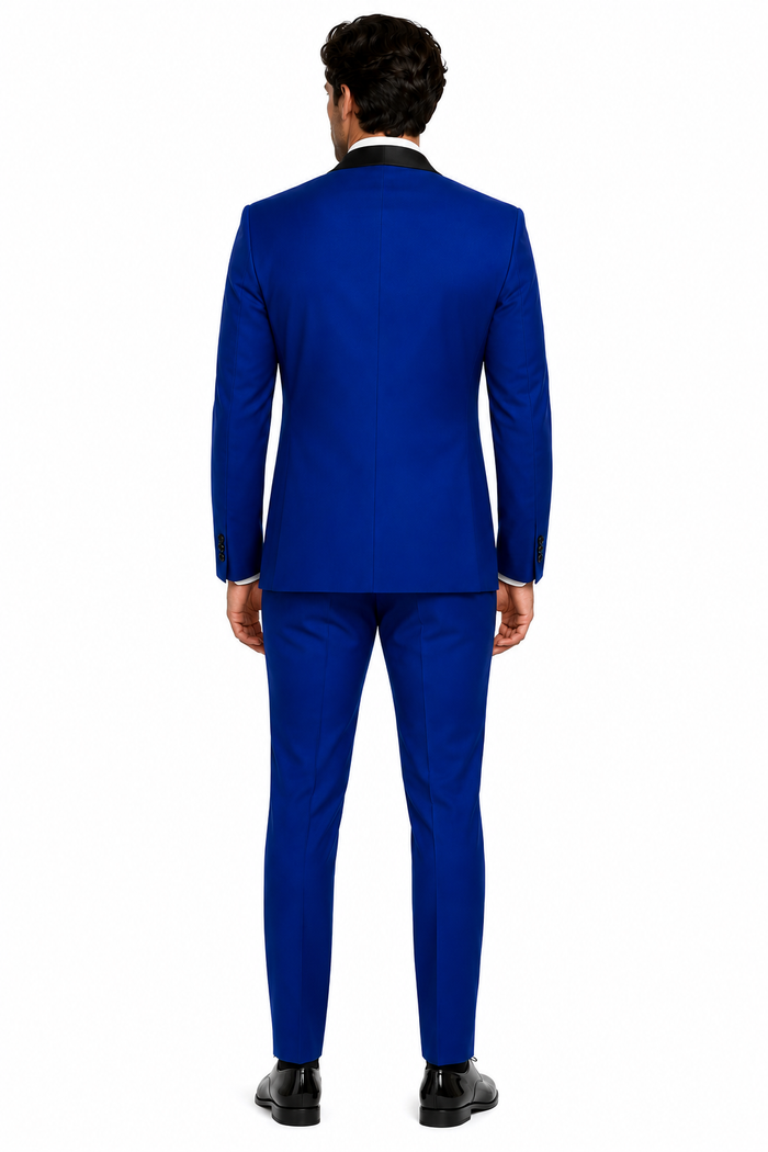 Men's 1 Button Shawl Lapel Vested Wool Wedding - Prom Tuxedo in Sapphire Blue - Men's Slim Fitted Tuxedo