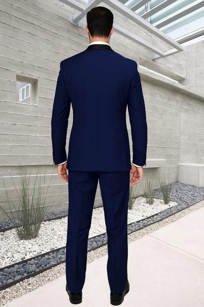 Mens 1 Button Shawl Lapel Vested Wool Wedding - Prom Tuxedo in Sapphire Blue - Mens Slim Fitted Tuxedo