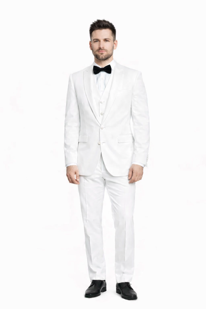 Mens 1 Button Shawl Lapel Vested Wool Tuxedo in White - Mens Slim Fitted Tuxedo