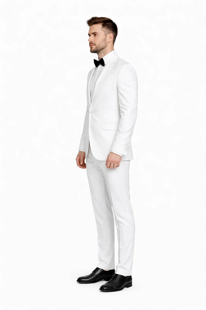 Mens 1 Button Shawl Lapel Vested Wool Tuxedo in White - Mens Slim Fitted Tuxedo