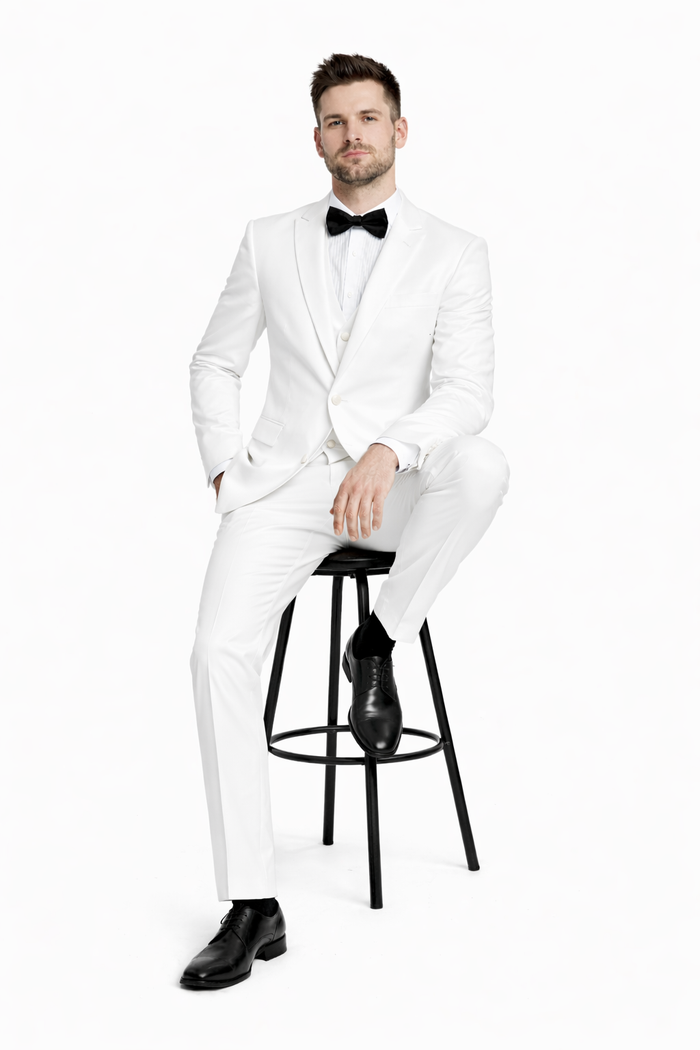 Mens 1 Button Shawl Lapel Vested Wool Tuxedo in White - Mens Slim Fitted Tuxedo