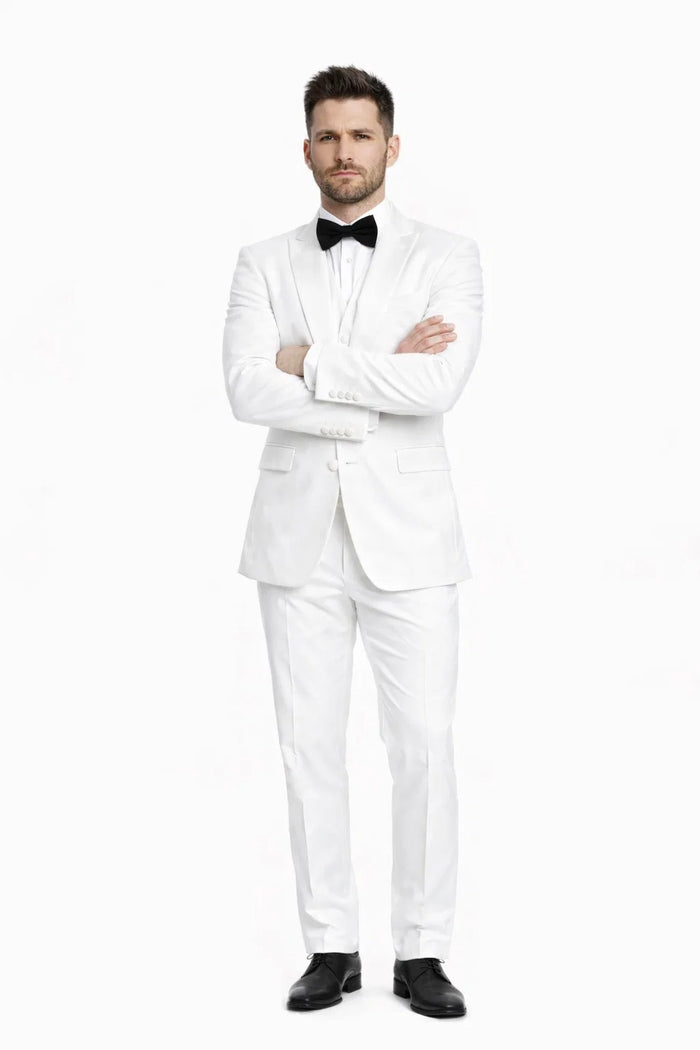 Mens 1 Button Shawl Lapel Vested Wool Tuxedo in White - Mens Slim Fitted Tuxedo