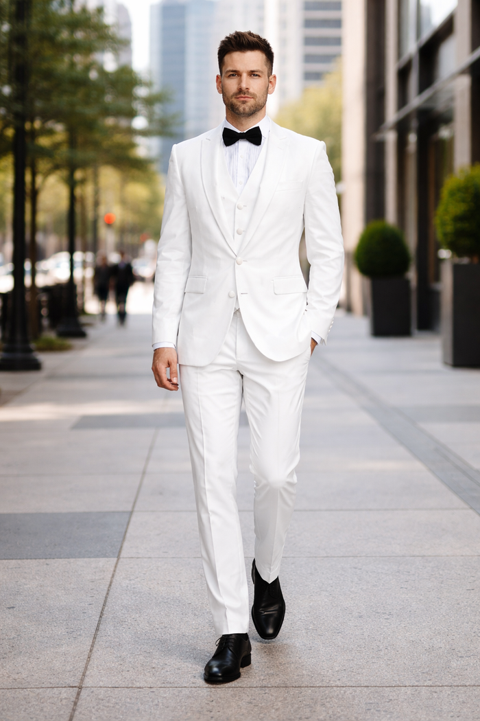 Mens 1 Button Shawl Lapel Vested Wool Tuxedo in White - Mens Slim Fitted Tuxedo