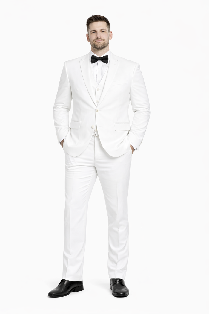 Mens 1 Button Shawl Lapel Vested Wool Tuxedo in White - Mens Slim Fitted Tuxedo