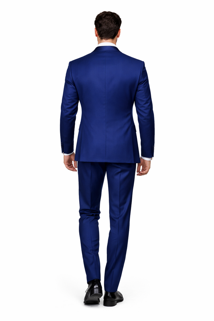 Men's 1 Button Shawl Lapel Vested Wool Wedding - Prom Tuxedo in Bright Sapphire Blue - Men's Slim Fitted Tuxedo