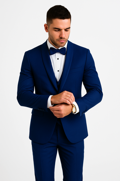 Mens 1 Button Shawl Lapel Vested Wool Wedding - Prom Tuxedo in Bright Sapphire Blue - Mens Slim Fitted Tuxedo