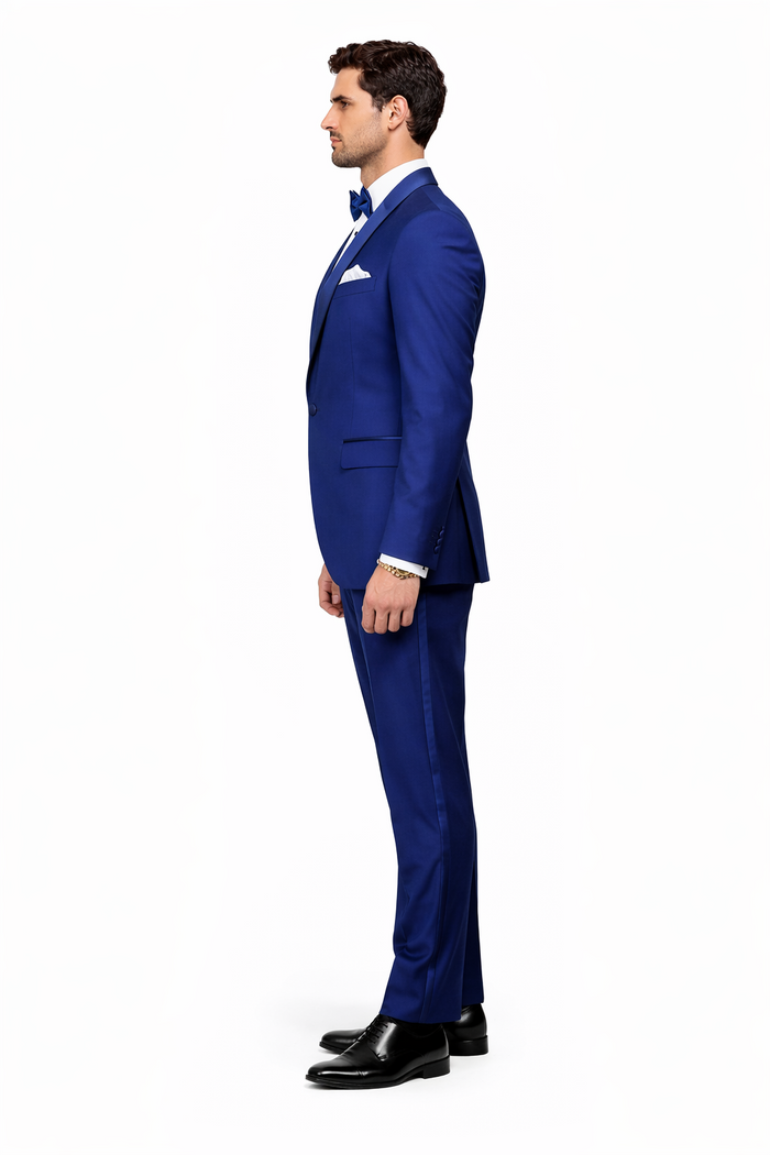 Men's 1 Button Shawl Lapel Vested Wool Wedding - Prom Tuxedo in Bright Sapphire Blue - Men's Slim Fitted Tuxedo