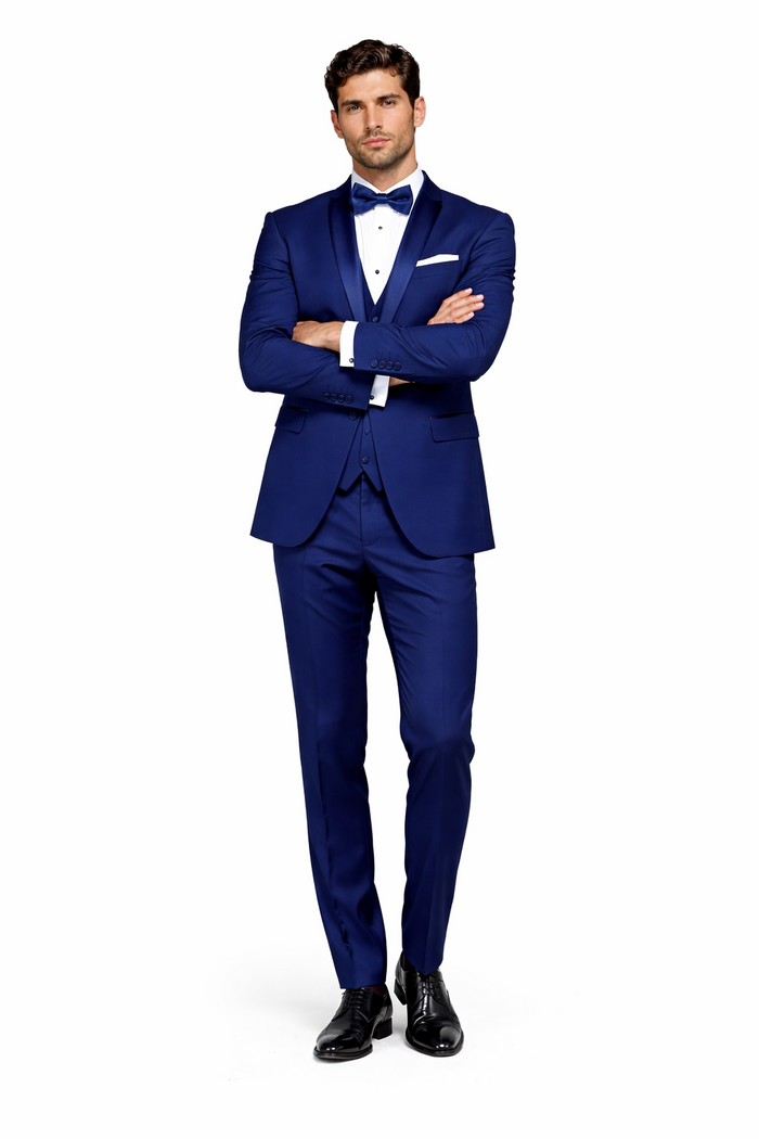 Men's 1 Button Shawl Lapel Vested Wool Wedding - Prom Tuxedo in Bright Sapphire Blue - Men's Slim Fitted Tuxedo
