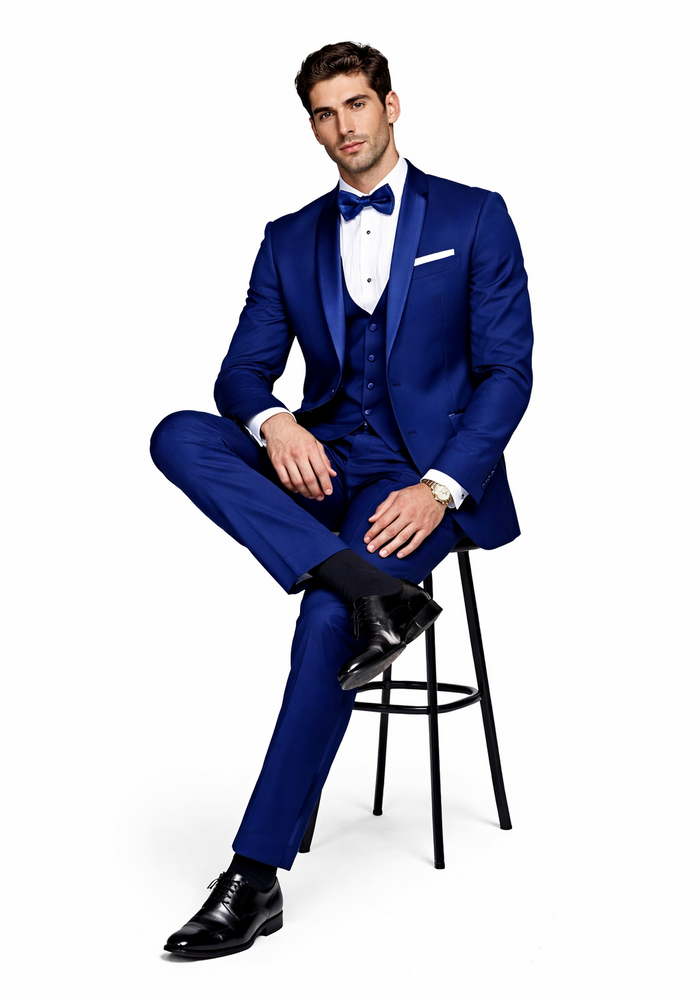 Men's 1 Button Shawl Lapel Vested Wool Wedding - Prom Tuxedo in Bright Sapphire Blue - Men's Slim Fitted Tuxedo