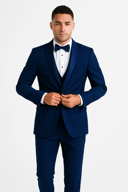 Mens 1 Button Shawl Lapel Vested Wool Wedding - Prom Tuxedo in Bright Sapphire Blue - Mens Slim Fitted Tuxedo