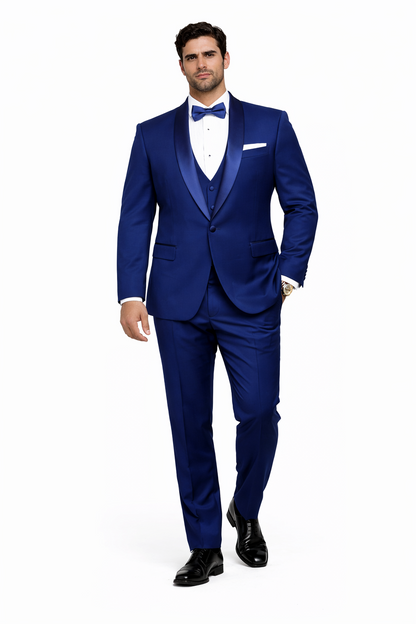 Men's 1 Button Shawl Lapel Vested Wool Wedding - Prom Tuxedo in Bright Sapphire Blue - Men's Slim Fitted Tuxedo