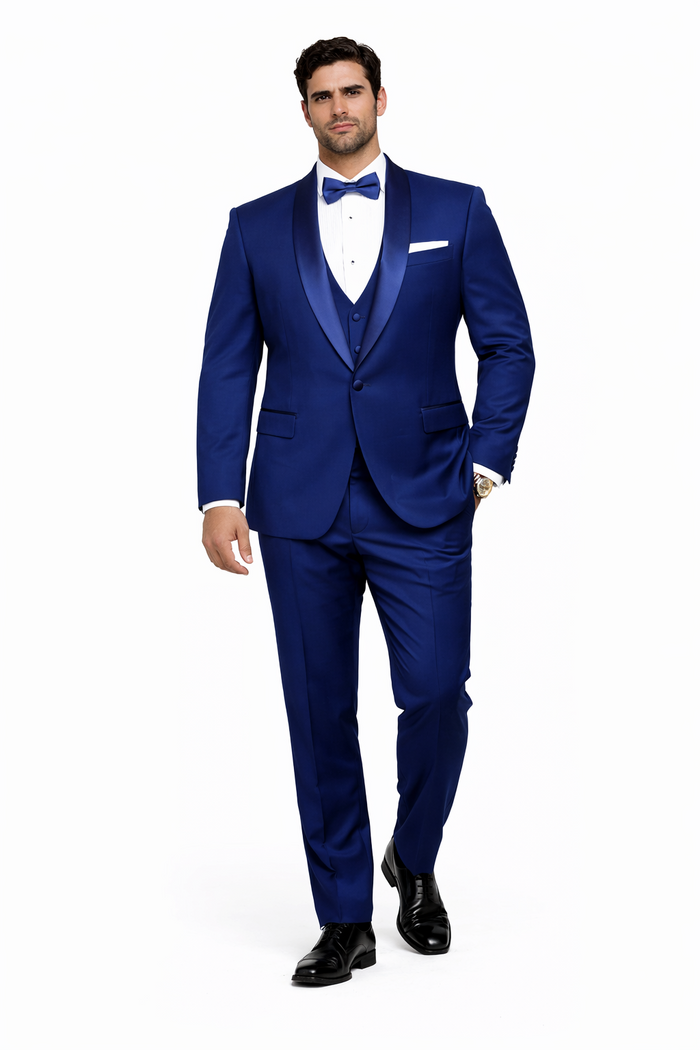 Men's 1 Button Shawl Lapel Vested Wool Wedding - Prom Tuxedo in Bright Sapphire Blue - Men's Slim Fitted Tuxedo