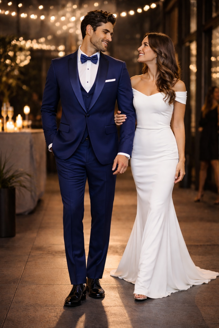 Men's 1 Button Shawl Lapel Vested Wool Wedding - Prom Tuxedo in Bright Sapphire Blue - Men's Slim Fitted Tuxedo