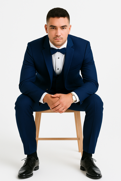 Mens 1 Button Shawl Lapel Vested Wool Wedding - Prom Tuxedo in Bright Sapphire Blue - Mens Slim Fitted Tuxedo