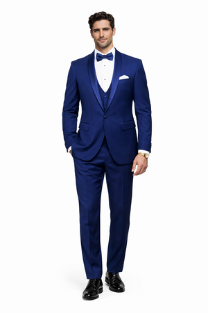 Mens 1 Button Shawl Lapel Vested Wool Wedding - Prom Tuxedo in Bright Sapphire Blue - Mens Slim Fitted Tuxedo