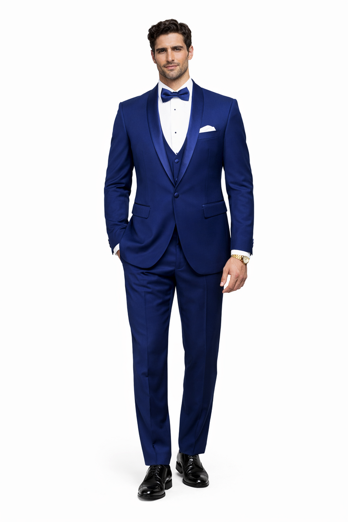 Men's 1 Button Shawl Lapel Vested Wool Wedding - Prom Tuxedo in Bright Sapphire Blue - Men's Slim Fitted Tuxedo