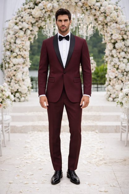 Mens 1 Button Shawl Lapel Wedding | Prom Tuxedo in Burgundy