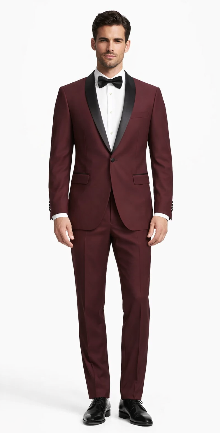 Mens 1 Button Shawl Lapel Wedding | Prom Tuxedo in Burgundy