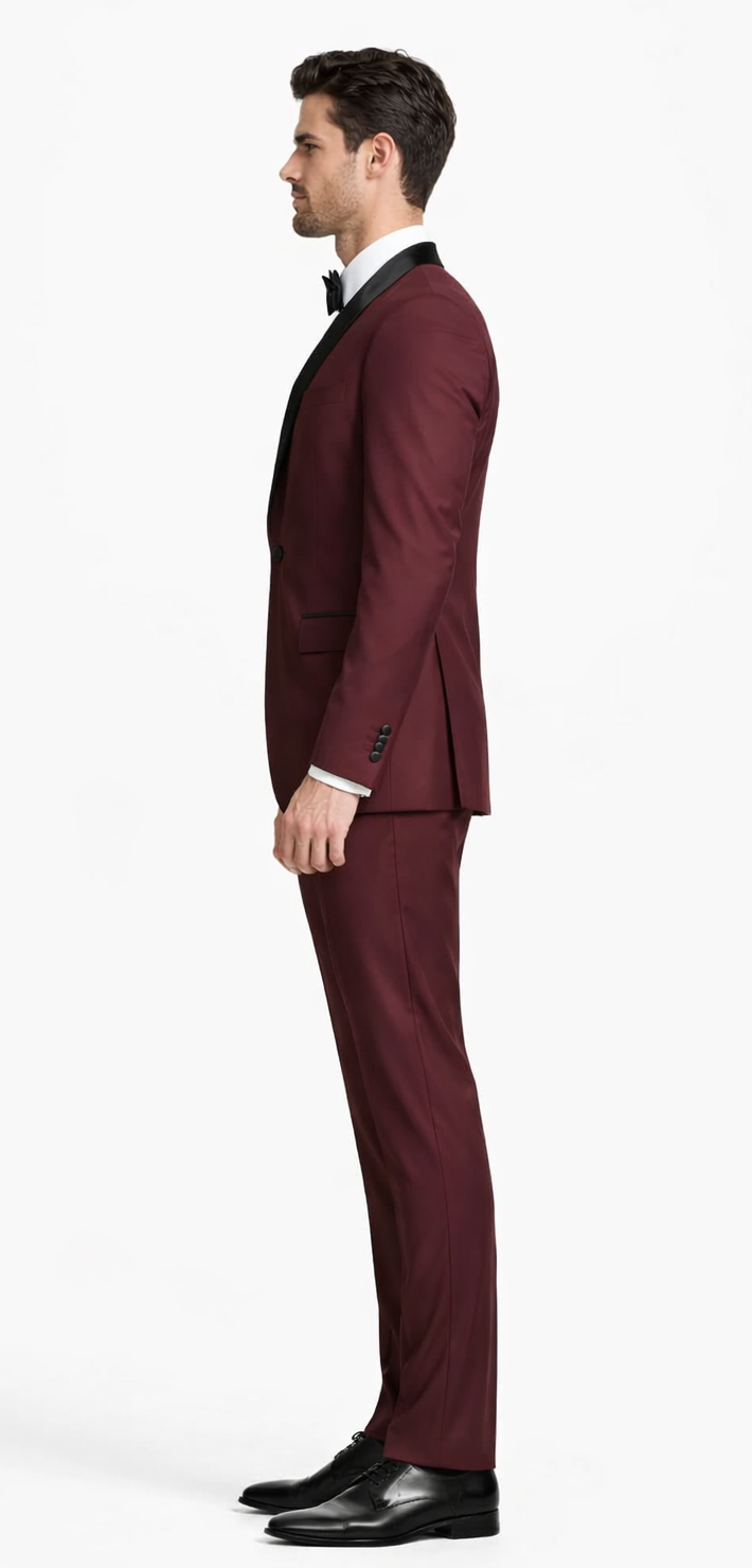 Mens 1 Button Shawl Lapel Wedding | Prom Tuxedo in Burgundy