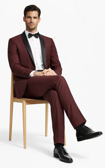 Mens 1 Button Shawl Lapel Wedding | Prom Tuxedo in Burgundy