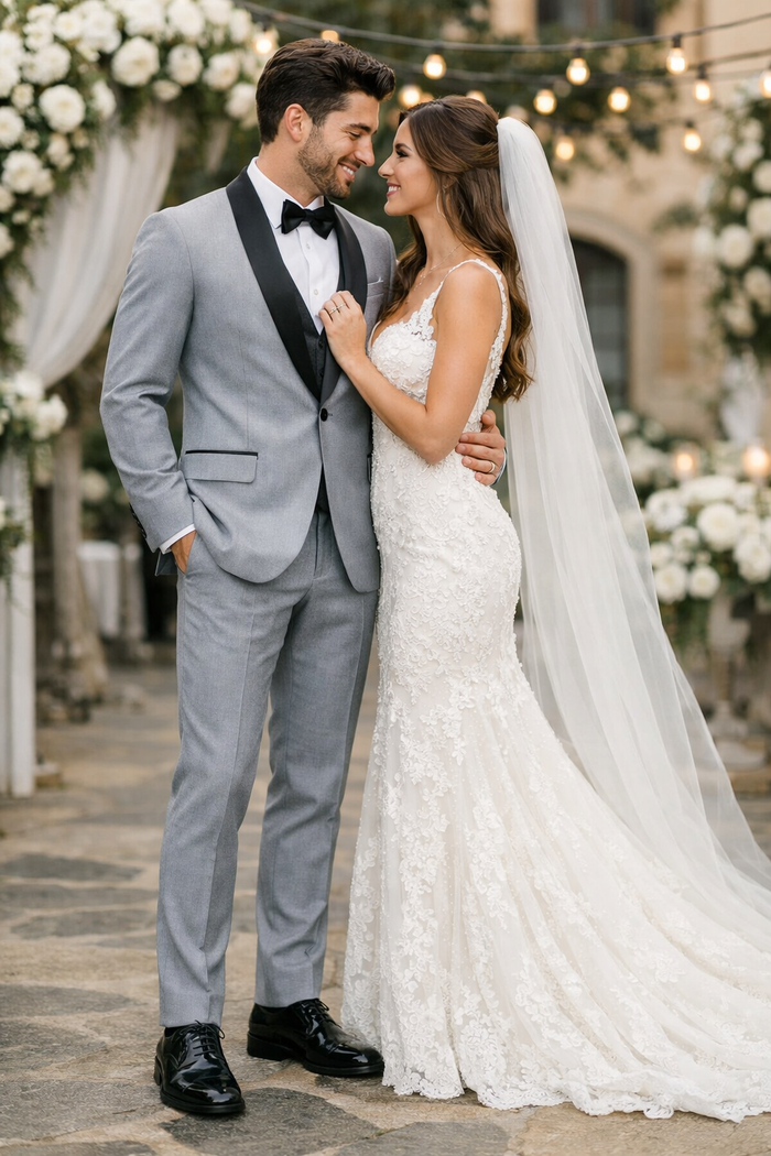 Mens 1 Button Shawl Lapel Wedding | Prom Tuxedo in Light Grey