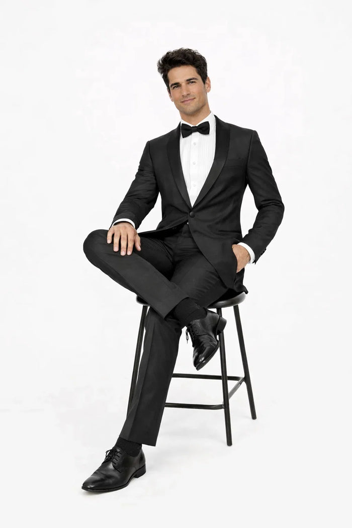 Mens 1 Button Slim Fit Shawl Tuxedo in Black - Mens Slim Fitted Tuxedo